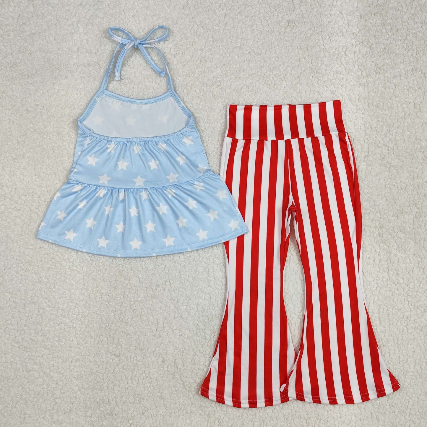 Baby Girls Light Blue Strap Stras Tunic Red Stripe Flame Pant 4thOf July  Set