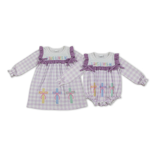 Jesus Loves Me Violet Gingham Cross Long Sleeve Dress /Bubble Romper For Sibling