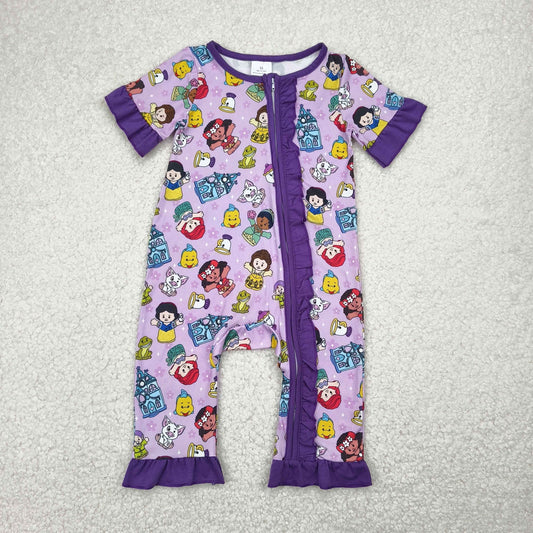 Baby Girls Purple Short Ruffle Sleeves Cartoon Princess Fishes Zipper Rompers