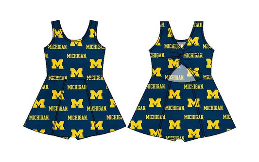 Preorder  5 MOQ, Baby Girls Sleeveless Bows Michigan Shorts Team Knee Length Dresses