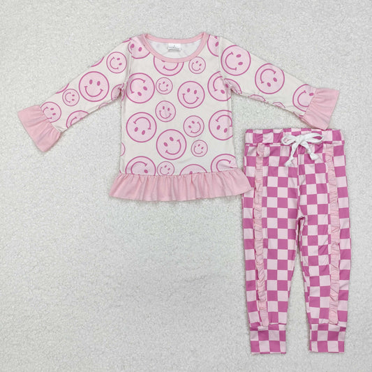 Baby Girls Happy Face Pink Checker Pants Outfit