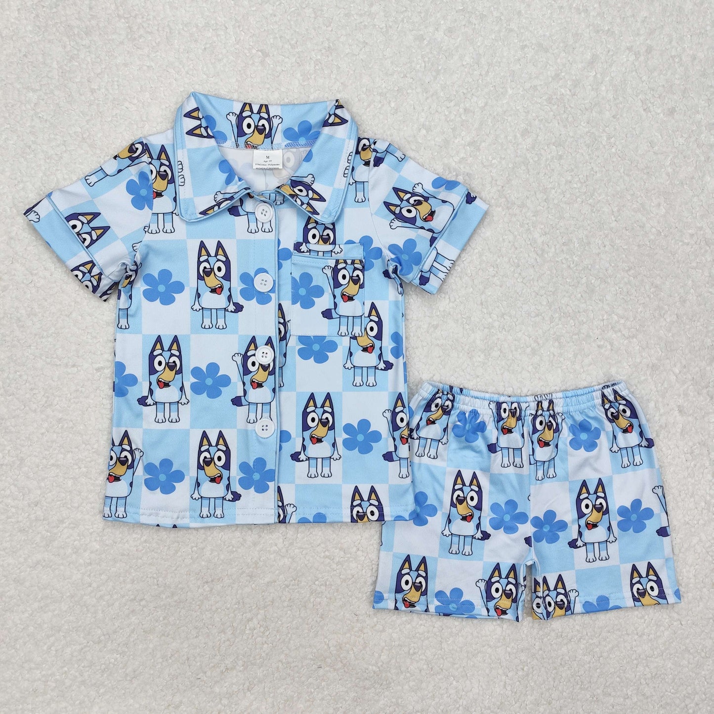 Sibling Mama And Me Blue Plaid Short Sleeves Button Down Cartoon Blue Dogs Top Shorts Pajamas Set