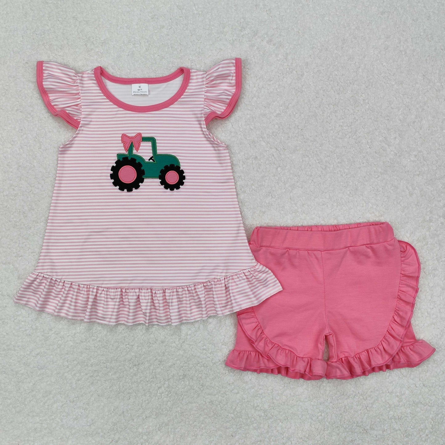 Sibling Baby Kids Stripe Flutter Short Sleeves Embroidery Truck Top Shorts Farm Set And Rompers