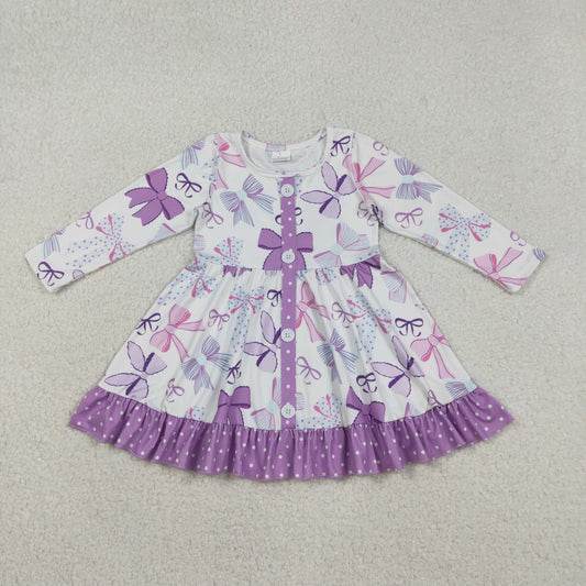 GLD1271 Kids Girls Purple Bow Long Sleeve Dress