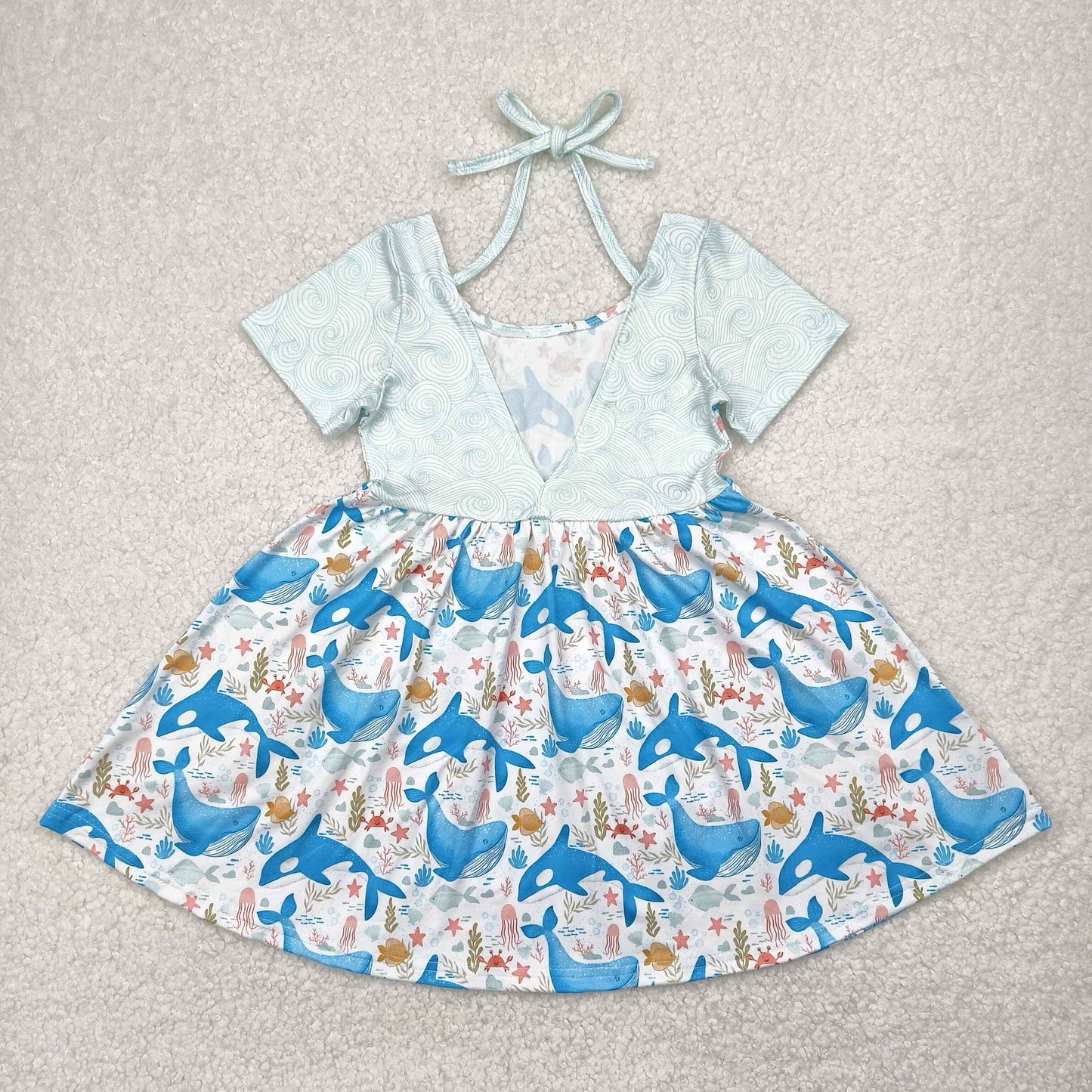 Baby Girls Light Blue Short Sleeves Floral Whale Dress