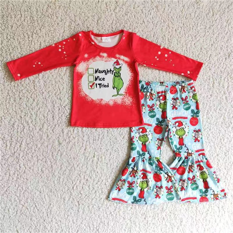 Green fur vest red cartoon christmas outfits baby girl clothes