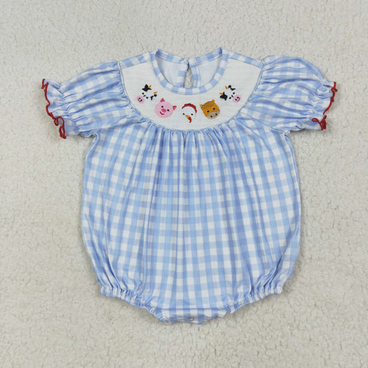 SR2981 Baby Girls Farm Friends Blue Gingham Smocked Bubble Romper