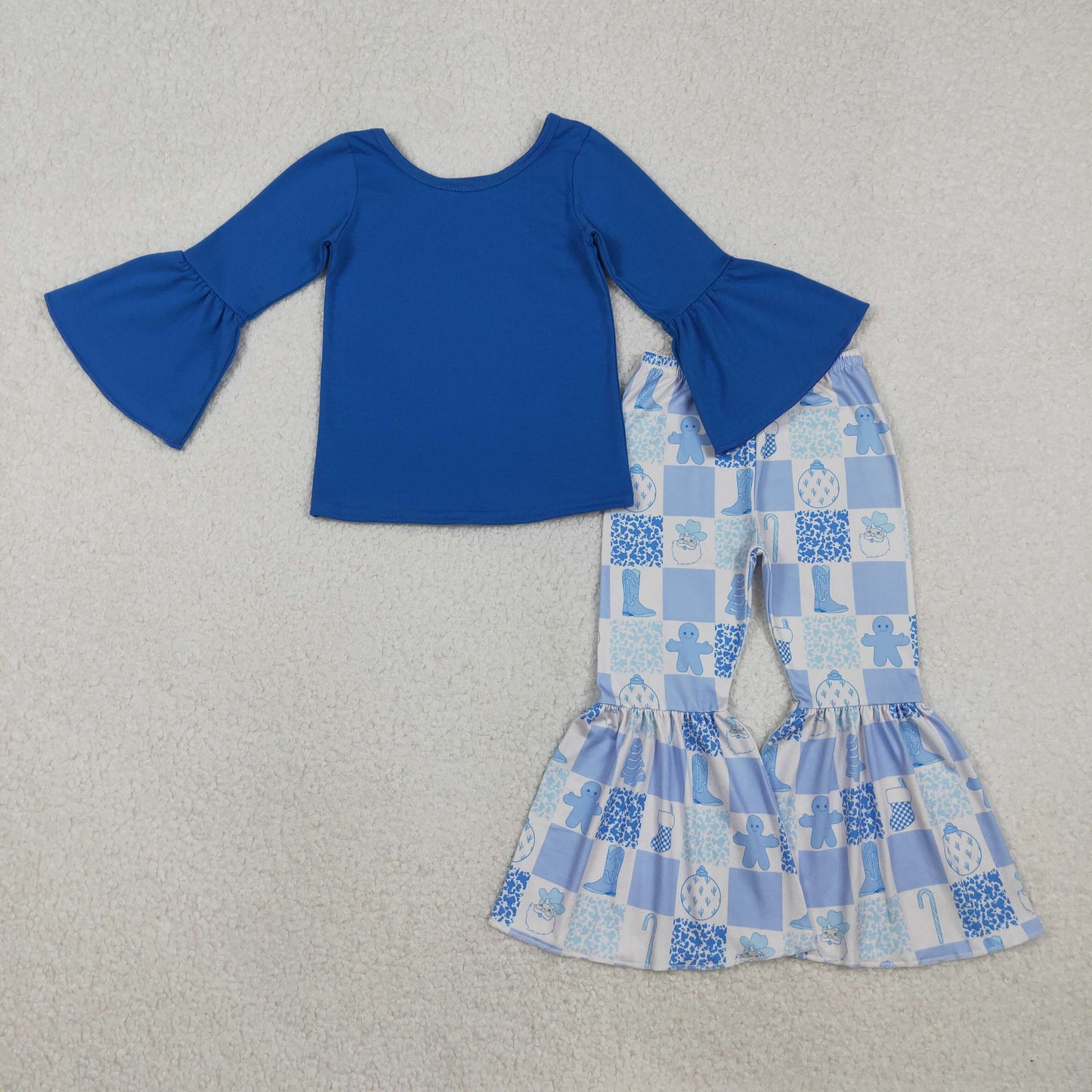 GLP3037 Baby Girls Blue Top With Western Christmas Bell Bottom Pants Set