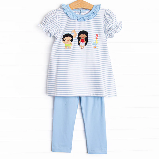 Baby Girls Light Blue Stripe Short Ruffle Sleeves Princess Tunic Legging pants Set Preorder 5 MOQ