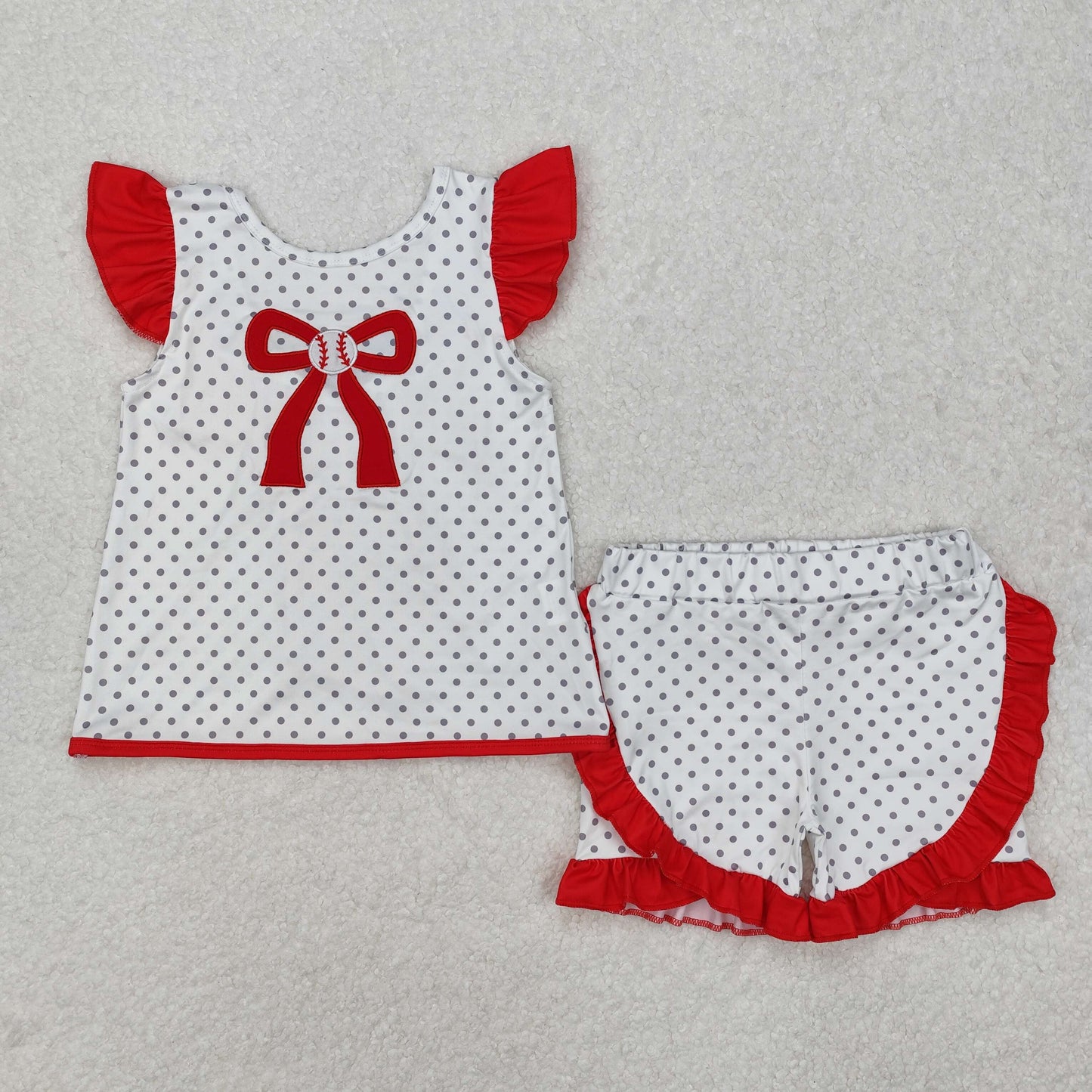 Baby Girls Embroidery Bow Baseball Flutter Sleeves Top Ruffle Short Set