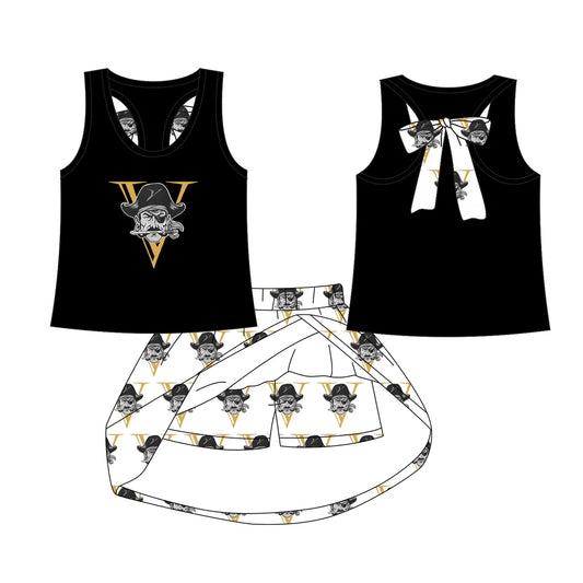 Preorder 5 MOQ Baby Girls V Black bow vest team Top Skirt Skort Sets