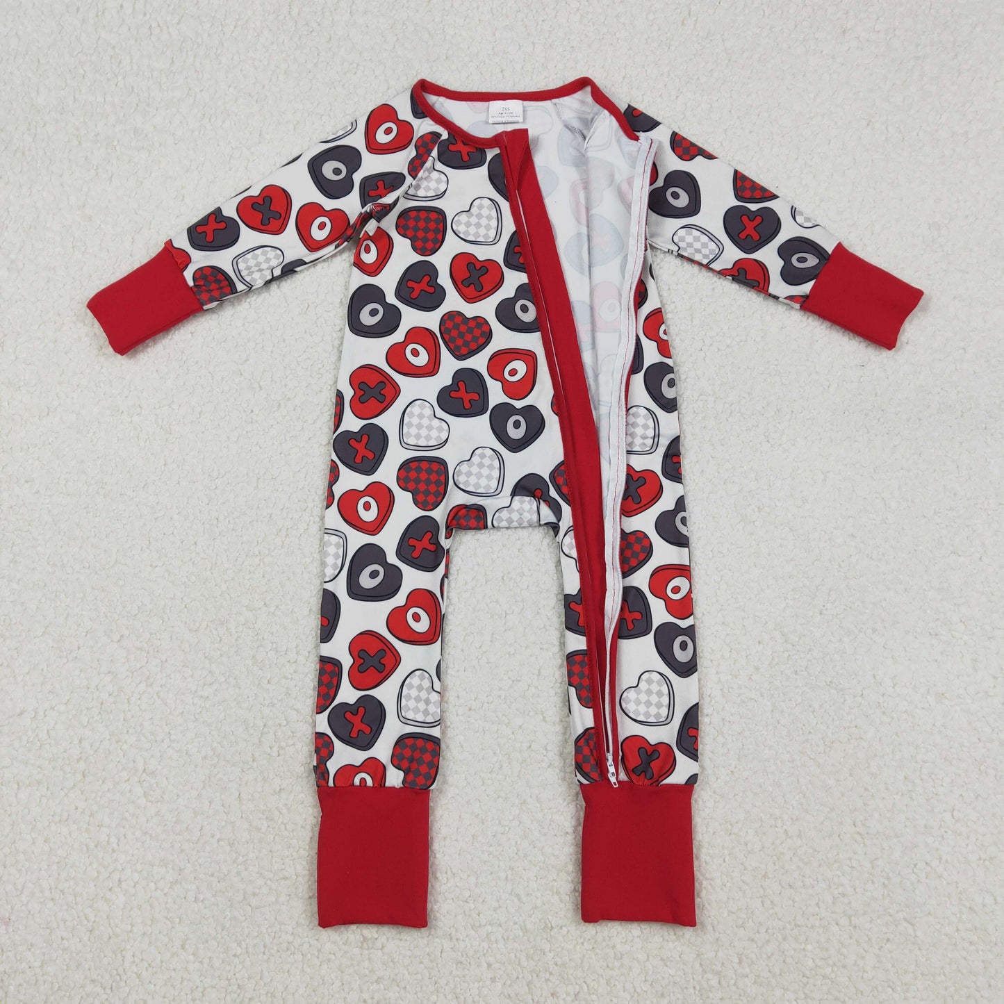 LR2882 Baby girls Valentine's Day XOXO Heart Long Sleeve Zipper Convertible  Romper