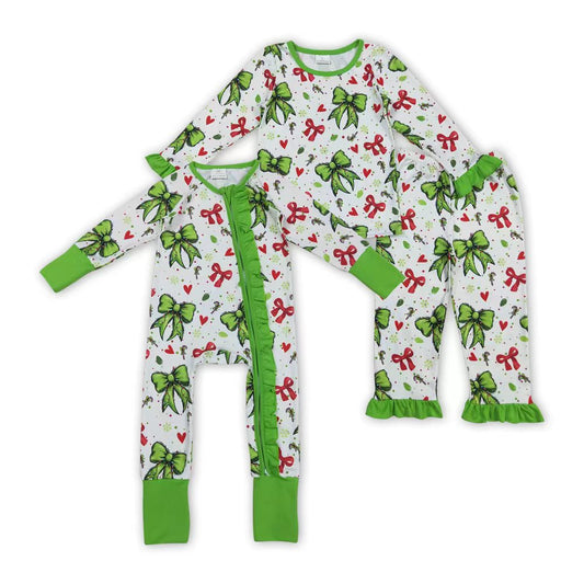 Sibling Baby Girls Christmas Grinc Bow Long Sleeve Pajama Set and Romper