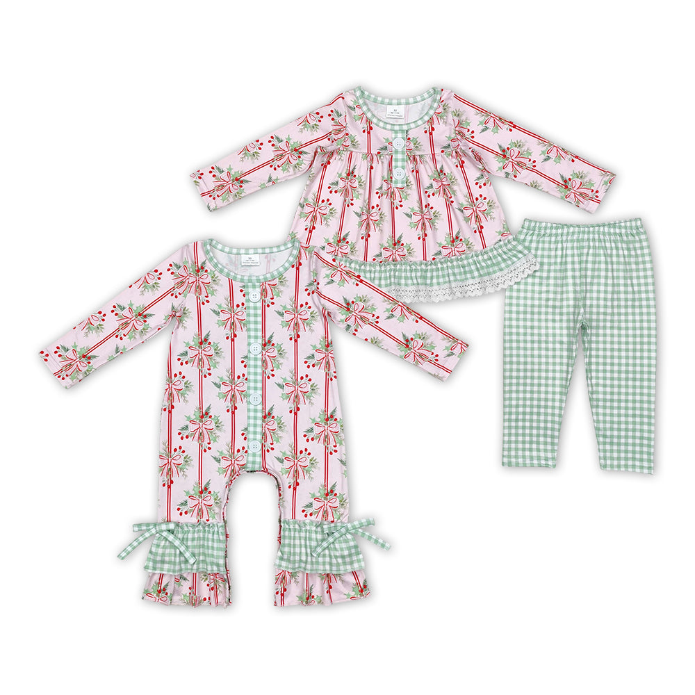 Baby Girls Sibling Sister Christmas Holly Bow Outfit and Romper