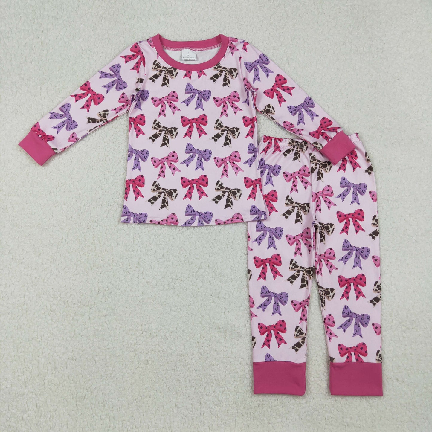GLP2730 Kids Girls  Western Bow Long Sleeve Pajama Set