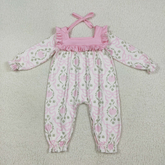 LR2255 Baby Girls Pink Pumpkin Bow Long Sleeve Romper