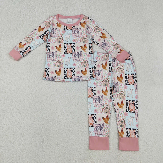 GLP2805 Kids Girls Farm Animal Long Sleeve Pajama Set