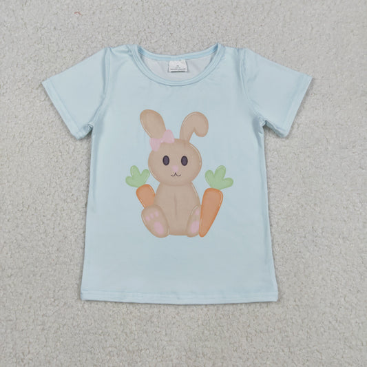 GT1395 Baby Girls Easter Bunny Blue Short Sleeve T-shirt Top