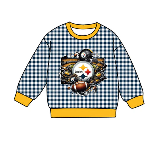 Preorder , 5 MOQ Baby Girls  Sport Team Steelers Blue GIngham Long Sleeve Top