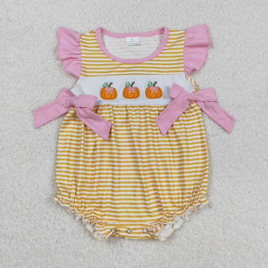 Baby Girls Embroidery Pumpkion Flutter Sleeve Bubble Romper