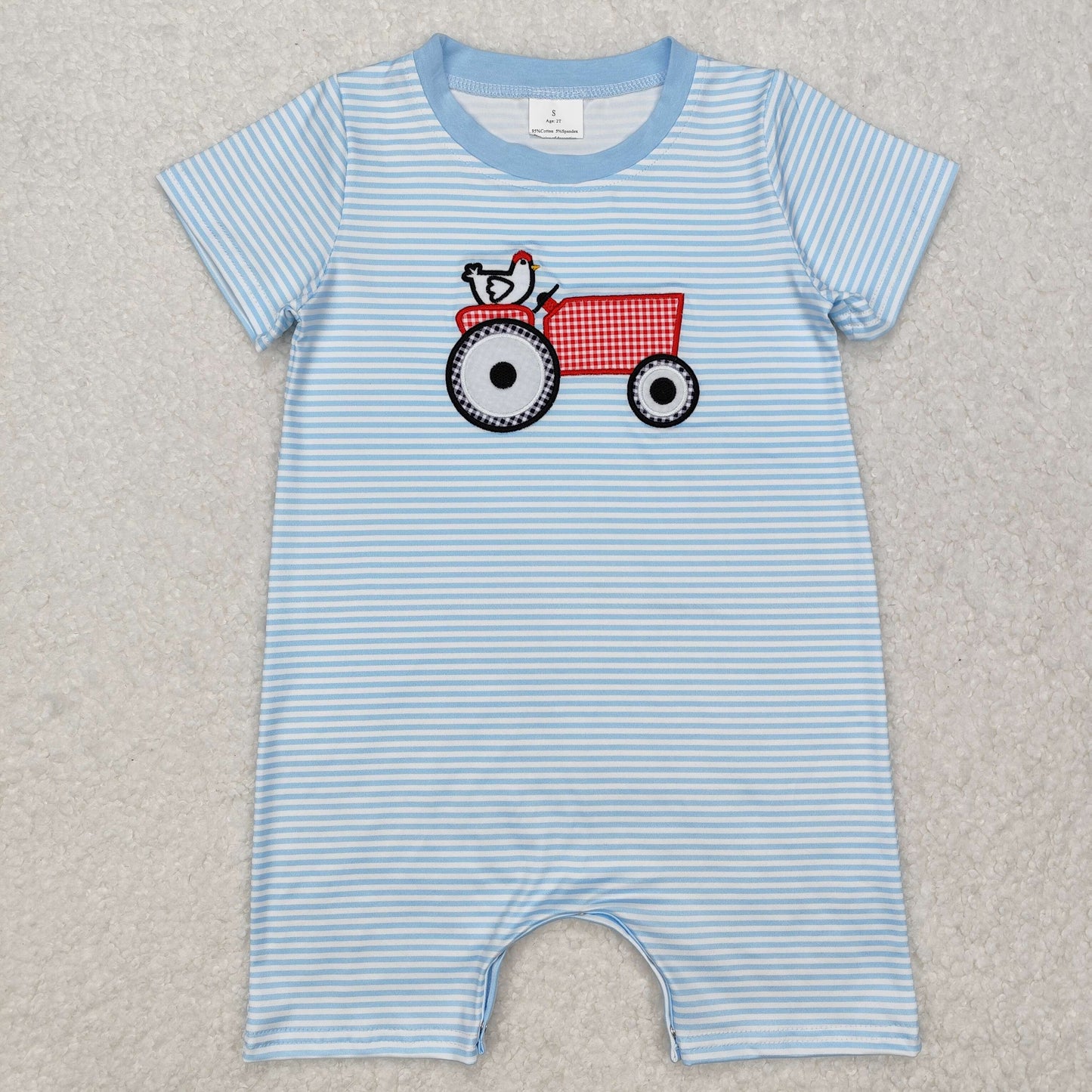 Sibling Baby Kids Blue Stripe Embroidery Chicken Truck Top Red Plaid Short Farm Set And Rompers