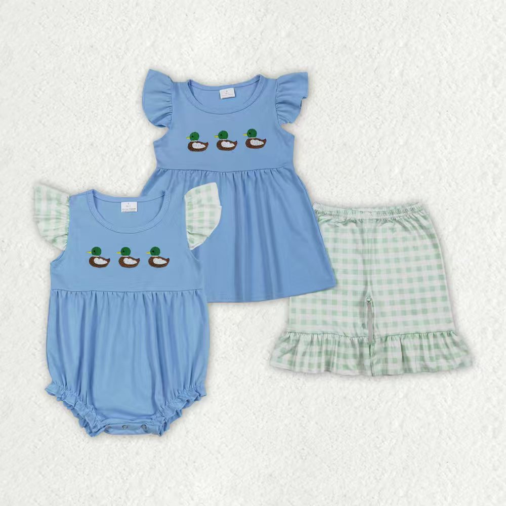 Sibling Baby Girls Embroidery Mallard Duck Gingham Shorts Set and Romper