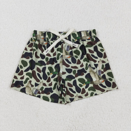 Kids Boys Dark Green Camo Ducks Print Swimming Trunks Summer Shorts