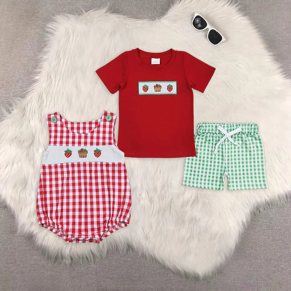 Summer Baby Boys Brother Embroidery Strawberry Shorts Set Romper