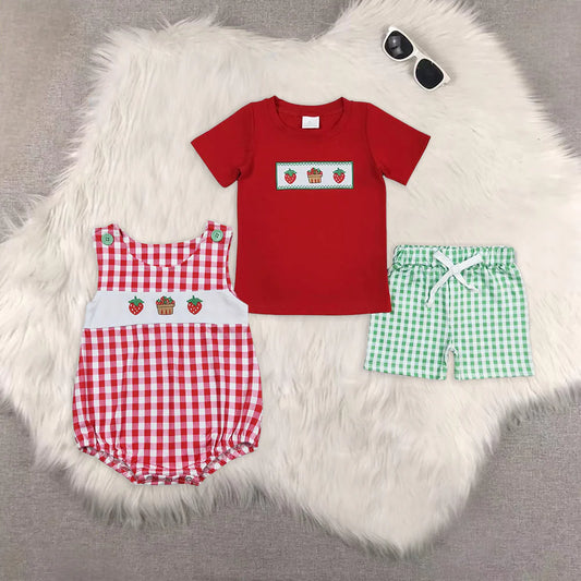 Summer Baby Boys Brother Embroidery Strawberry Shorts Set Romper
