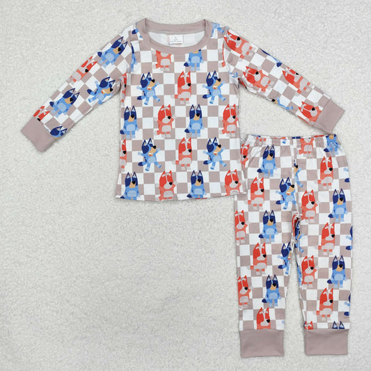 BLP0957 Baby Boys  Cartoon Dog Checker Long Sleeve Pajama Set