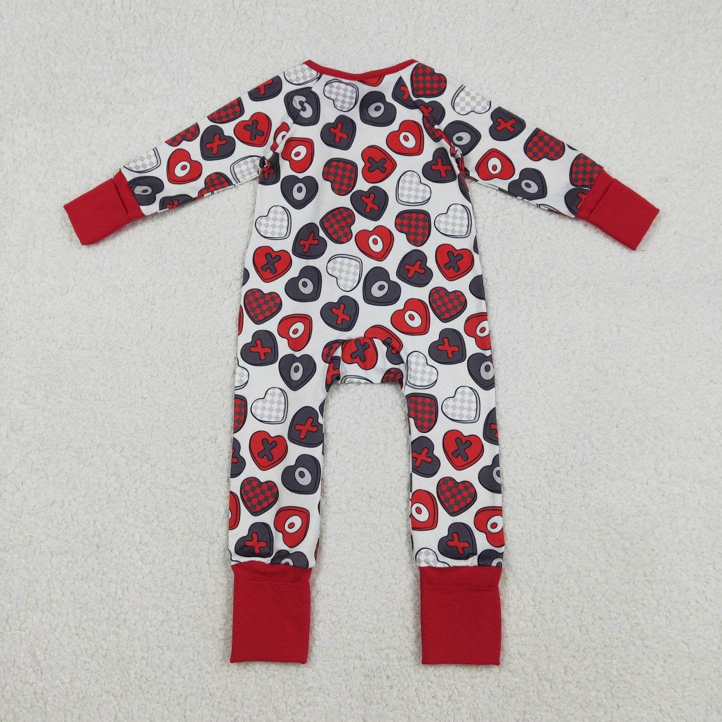 LR2882 Baby girls Valentine's Day XOXO Heart Long Sleeve Zipper Convertible  Romper