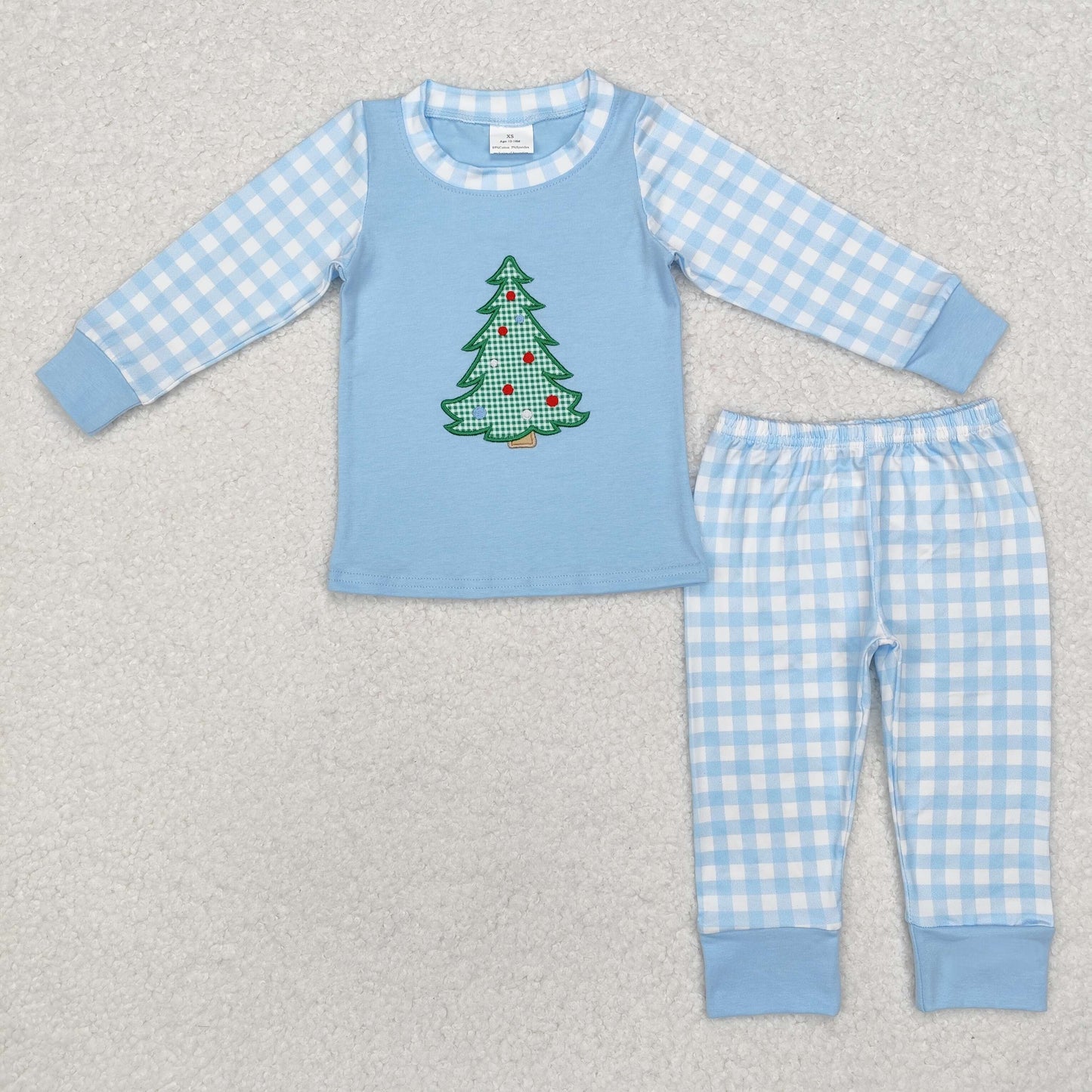 Baby Boys Christmas Tree Top Blue Gingham Outfit