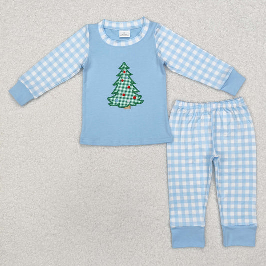 Baby Boys Christmas Tree Top Blue Gingham Outfit