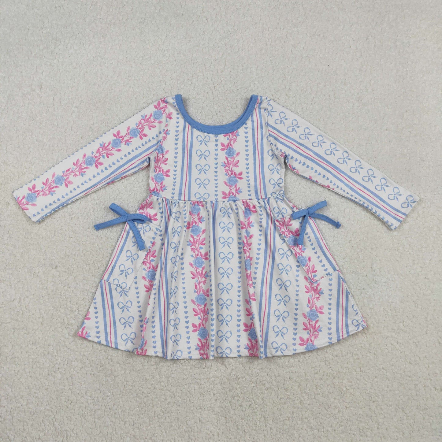 Baby girls blue bow flowers long sleeve dress