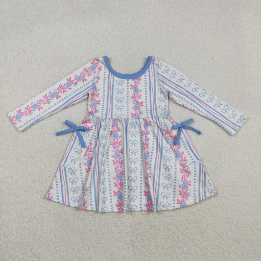 Baby girls blue bow flowers long sleeve dress