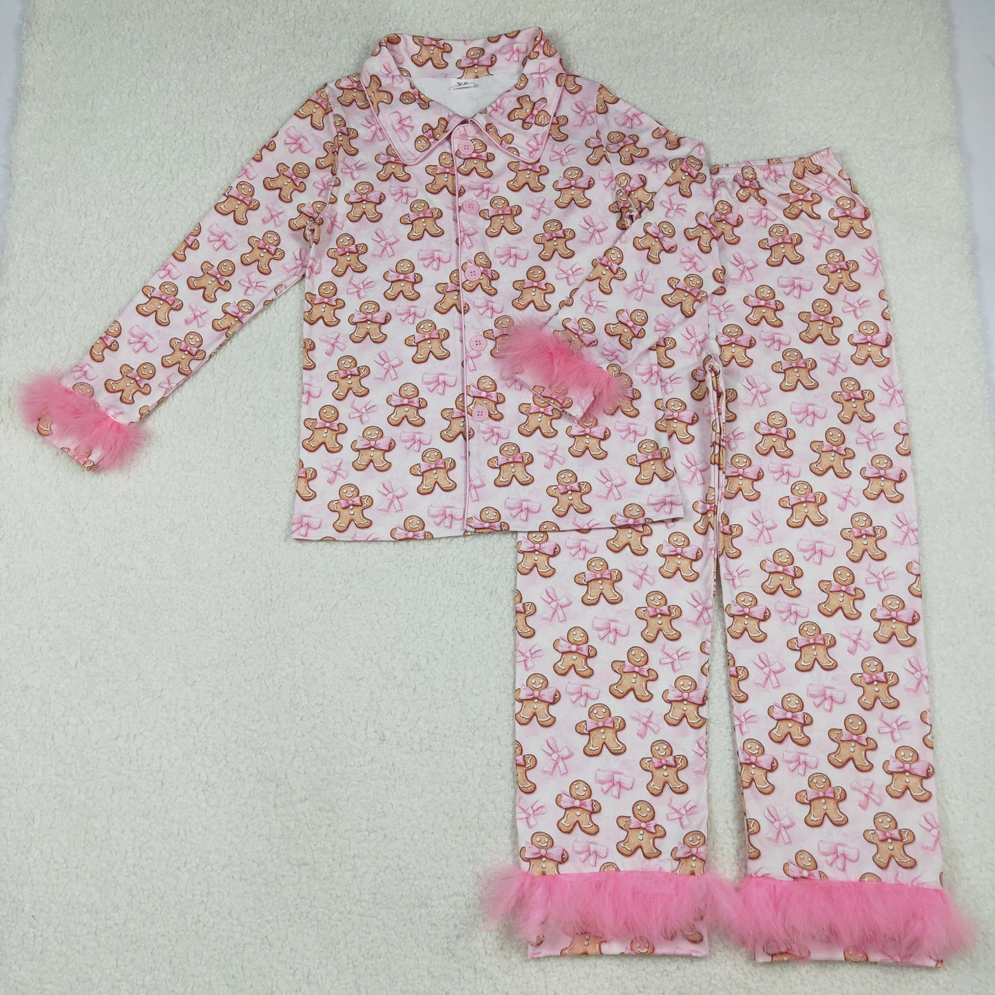 GLP2716 Adult Women Christmas Gingerbread Pink Bow Buttons Pajama Set With Fur