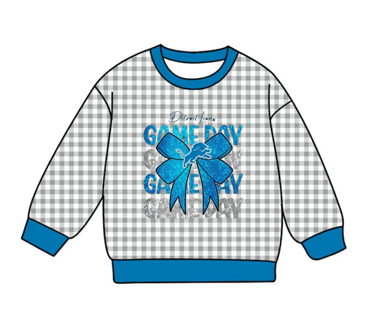 Preorder , 5 MOQ Baby Girls  Sport Team Game Day Blue Bow Grey Gingham Long Sleeve Top