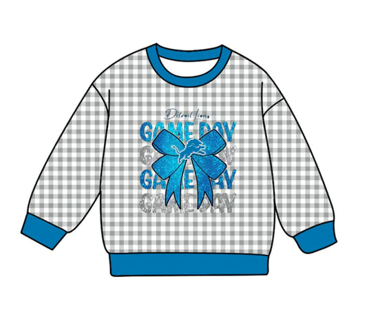 Preorder , 5 MOQ Baby Girls  Sport Team Game Day Blue Bow Grey Gingham Long Sleeve Top