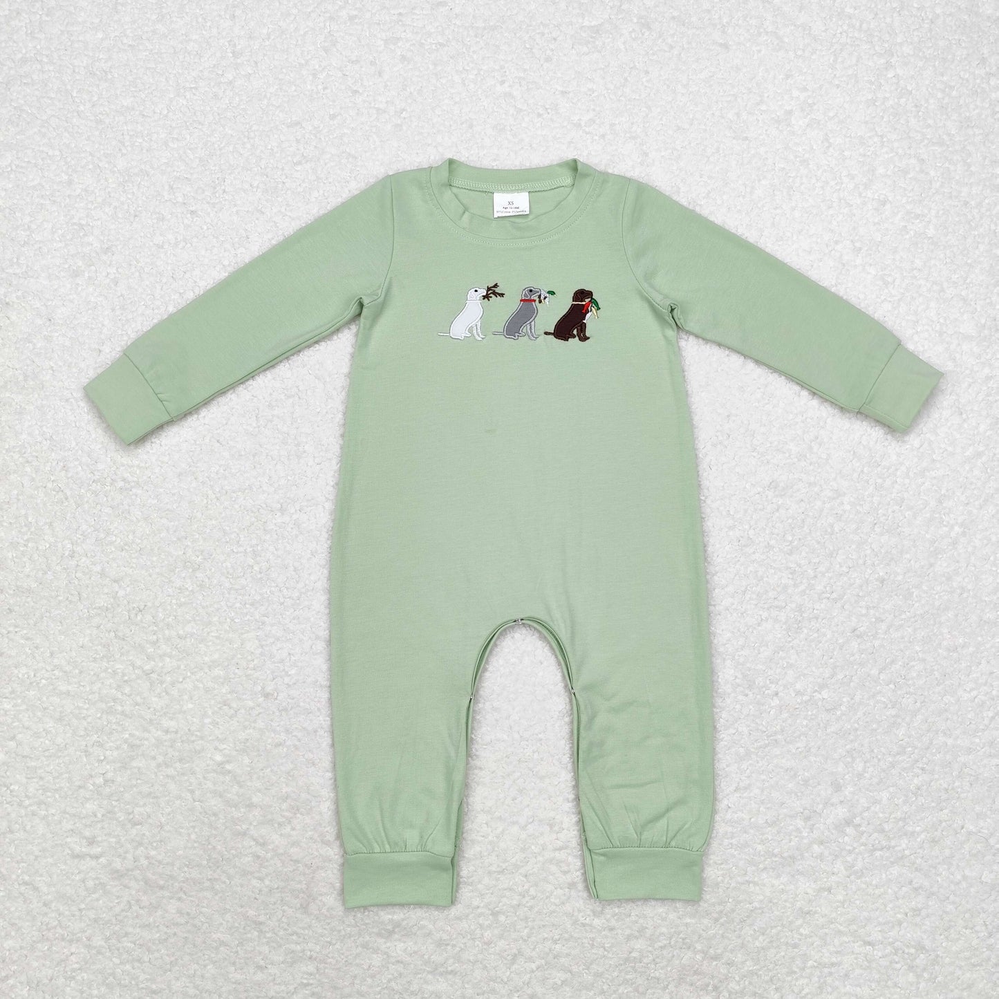 LR1496 Baby Boys Hunting Dog Green Long Sleeve Romper