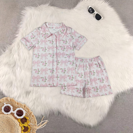 Mommy and Me Pink Coquette Floweers Shorts Pajama Set