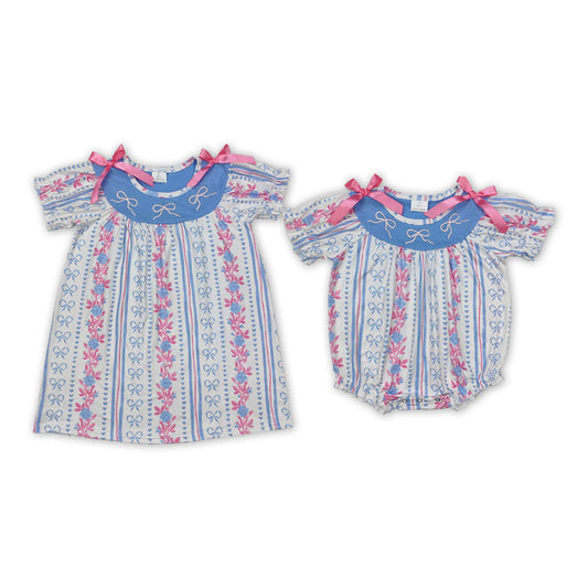 Sibling Baby Girls Embroidery Pink Bows And Blue Bow Stripe Dress and Romper