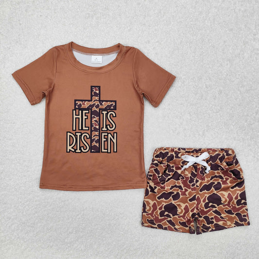 Baby Boys Easter Brown Cross Top Camo Pockets Shorts Set