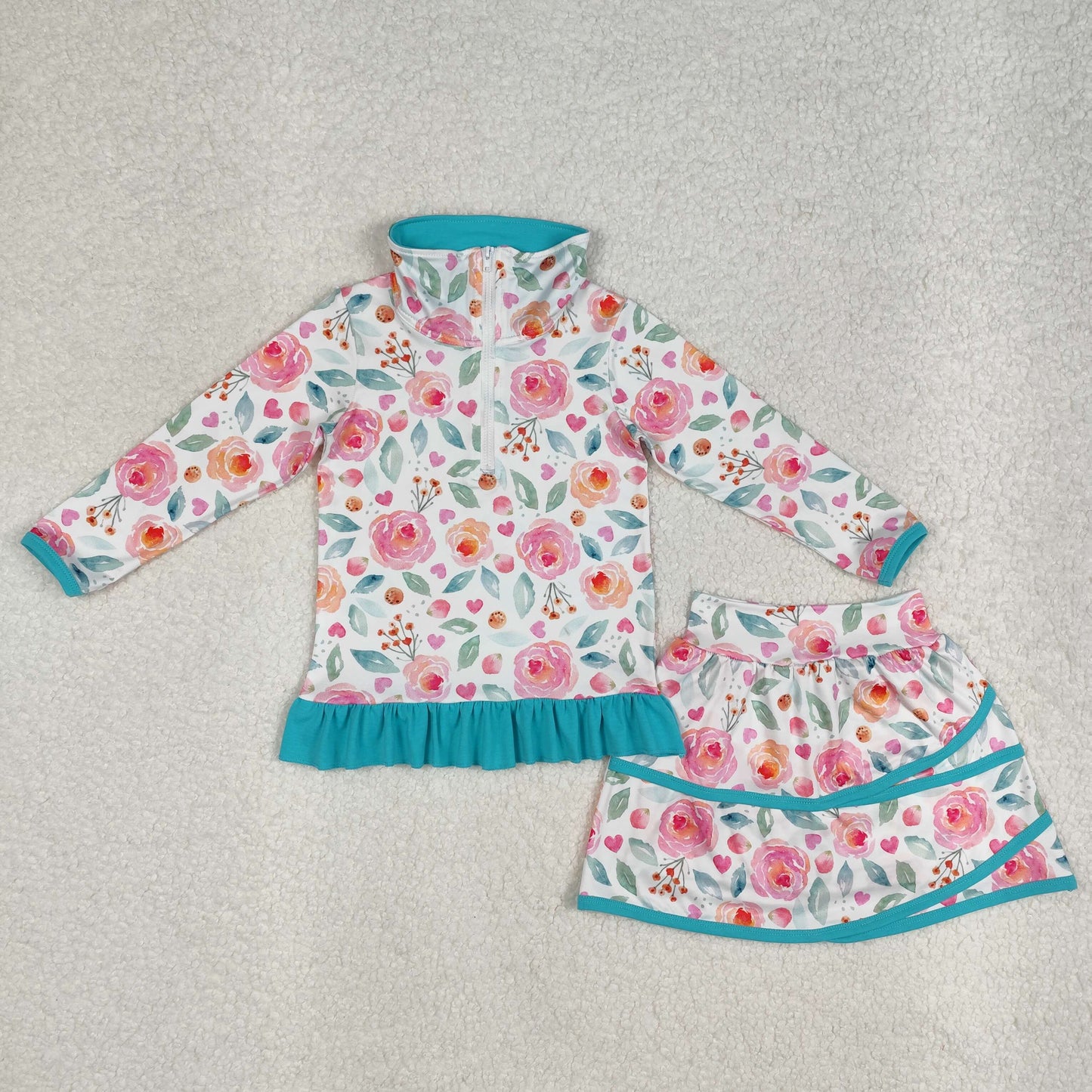 Baby Girls Blue Long Sleeves Pink Floral Zipper Pullover Patchwork Skirts Valentines Set