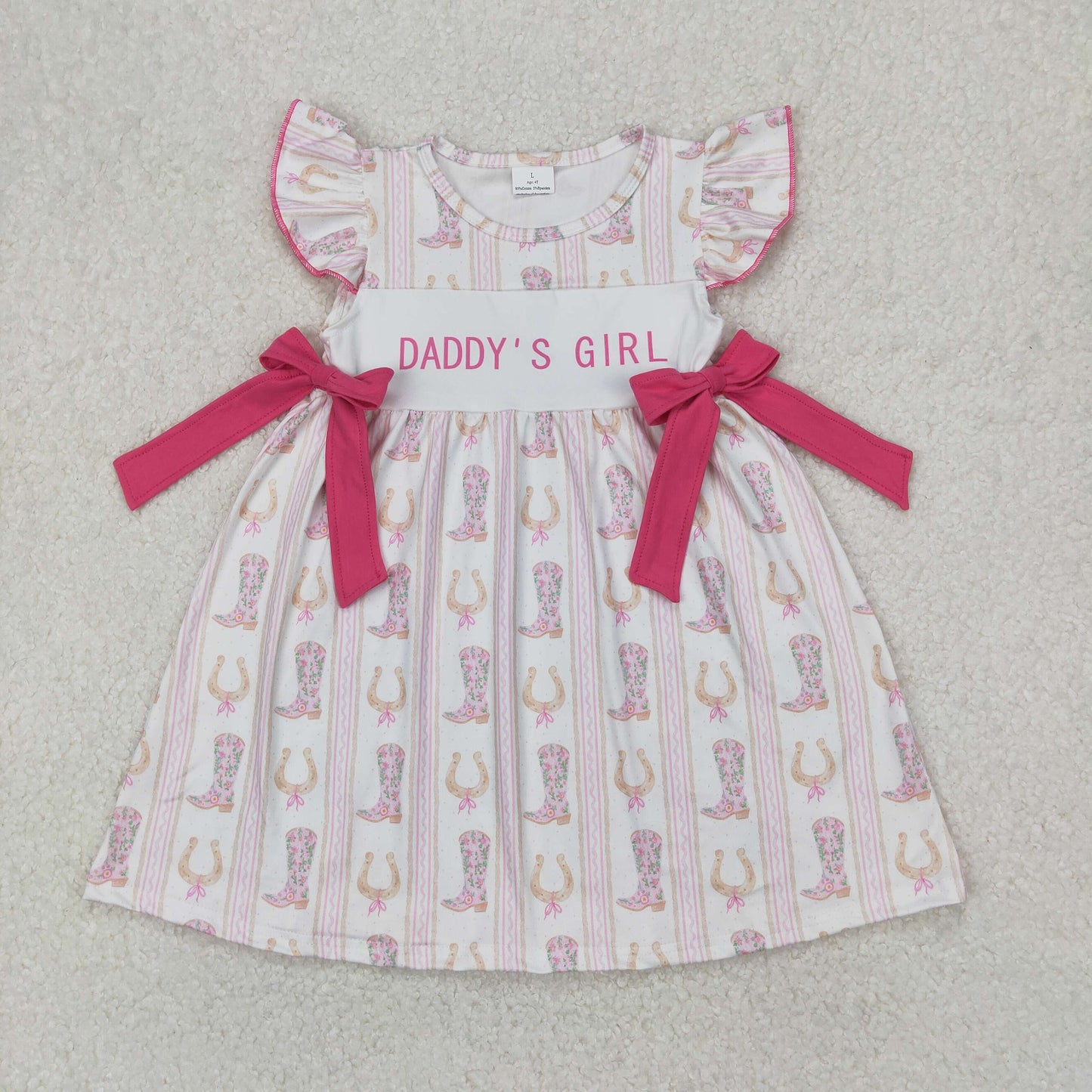 Baby Girls Pink Flutter Sleeves DADDYS GIRL Bows Top Boots Stripe Dress