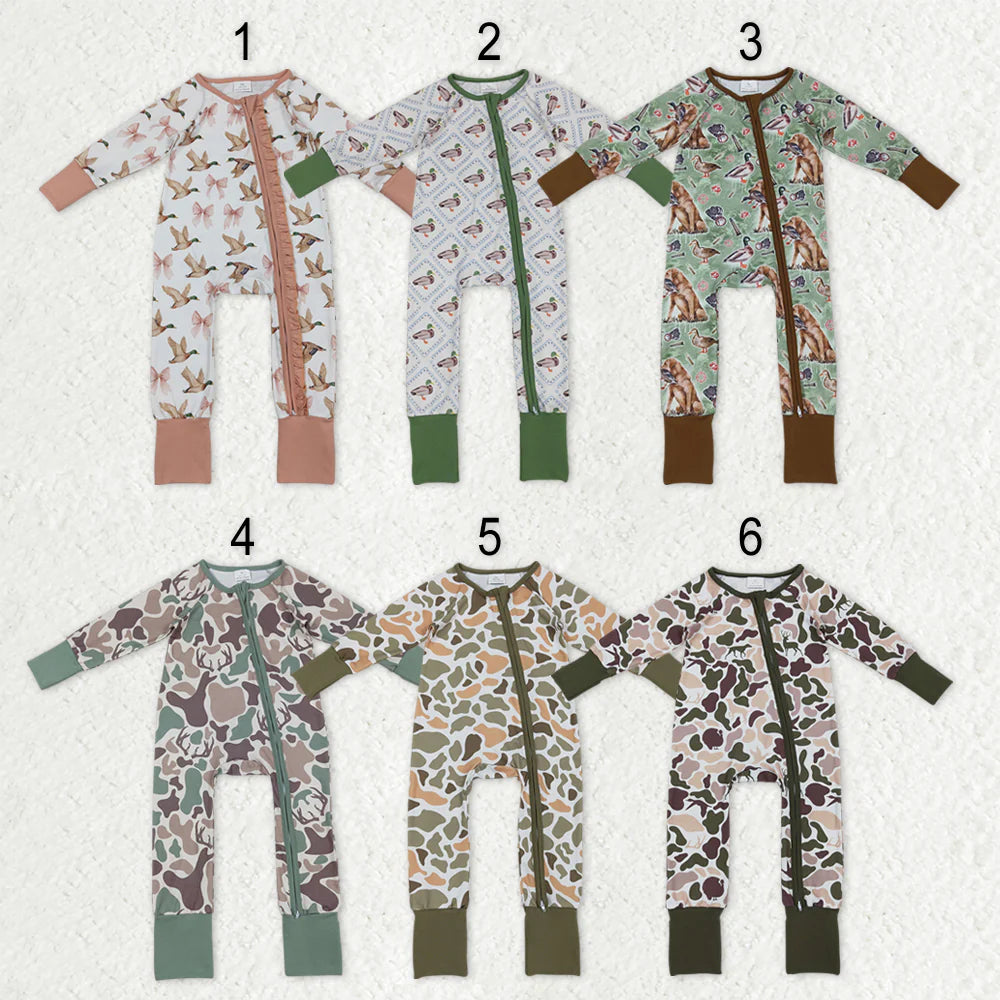 Sibling Baby Girls or Boys Hunting Camo Duck Long Sleeve Two Way Zipper Convertible Rompers