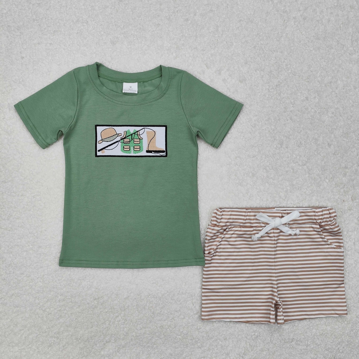 Baby Boys Embroidery Fishing Top Striped Shorts Set