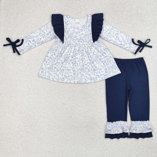 Baby Girls Blue Floral Tunic Top Ruffle Pants Outfit RTS