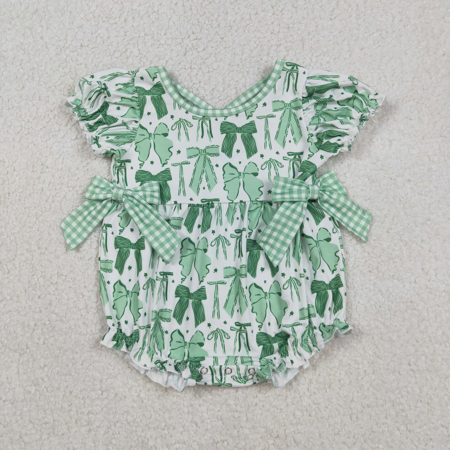 SR3305 Baby Girls Green Bow Short Sleeve Romper