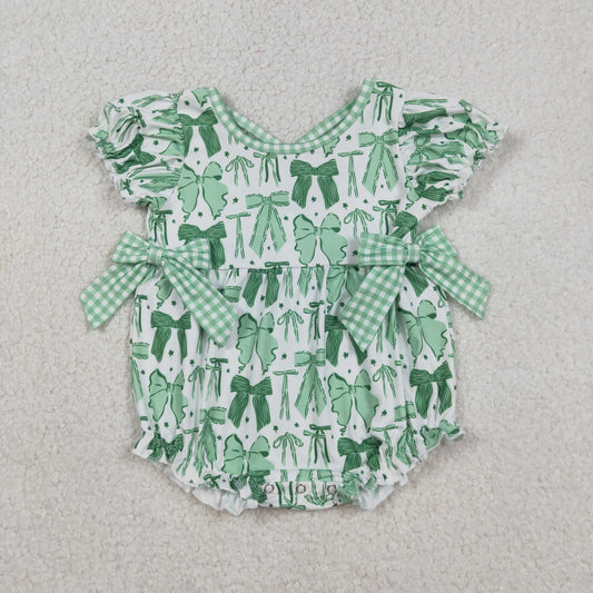 SR3305 Baby Girls Green Bow Short Sleeve Romper