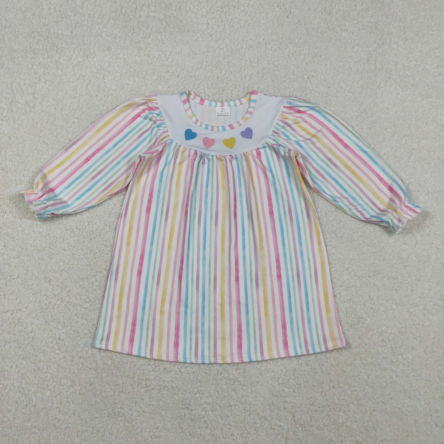GLD1335 Baby Girls Valentine's Day Striped Embroidery Heart Long Sleeve Dress